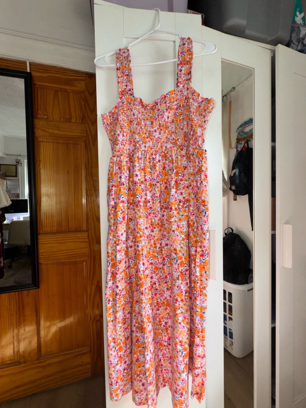 Old Navy Orange Pink Floral Smocked Cotton Midi Dress